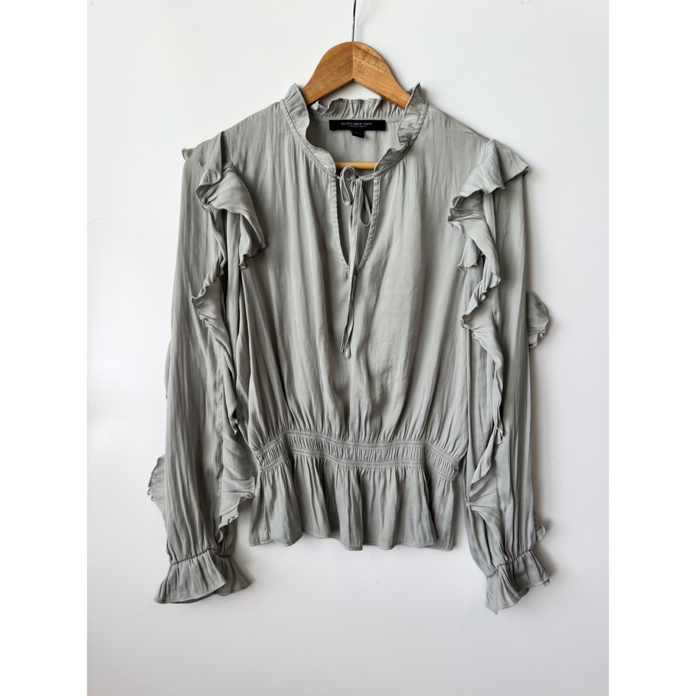 Marc New York Ruffle Blouse Tie Neck‎ Long Sleeve Top Gray S